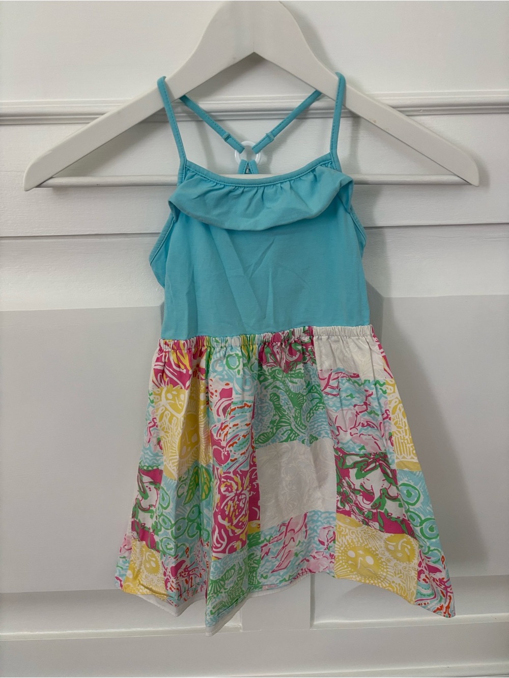 Lilly Pulitzer Girls Aqua Ruffle Neck Patchwork Dress
